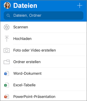 Screenshot des Menüs "Hinzufügen" in der OneDrive-App für iOS