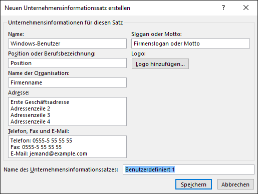 Screenshot des Dialogfelds "Neuen Unternehmensinformationssatz erstellen"