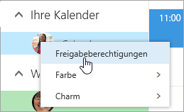 Screenshot des Kontextmenüs "Ihr Kalender", in dem "Freigabeberechtigungen" ausgewählt ist.