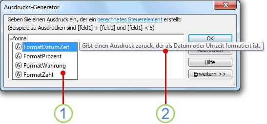 Die IntelliSense-Dropdownliste und ein kurzer Tipp.