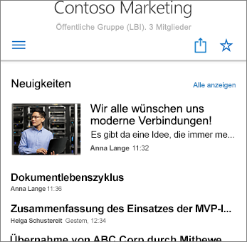 Team-Nachrichten auf der Website – Screenshot