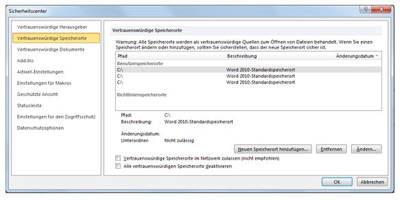 Bereich 'Vertrauenswürdige Speicherorte' im Trust Center