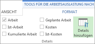 Tools für die Arbeitsauslastung nach Vorgängen, Registerkarte 'Format', Schaltfläche 'Einzelheiten hinzufügen'