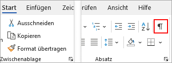 Auf der Registerkarte "Start" ist das Symbol "Anzeigen/Ausblenden" hervorgehoben.