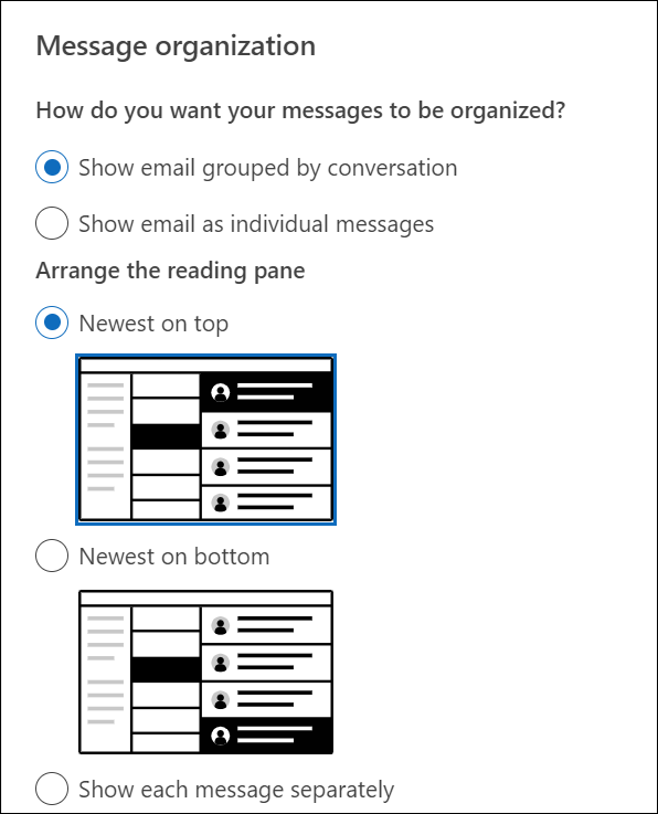 Screenshot des Abschnitts "Einstellungen > Mail> Layout" mit dem Abschnitt "Nachrichtenorganisation"