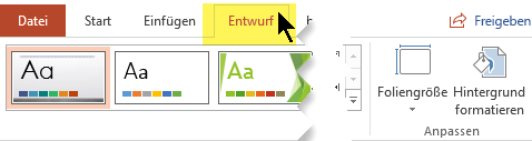 Wählen Sie in der Symbolleiste des Menübands die Registerkarte "Entwurf" aus. Die Menüschaltfläche "Foliengröße" am rechten Ende verfügt über den Schieberegler für die Ausrichtung.