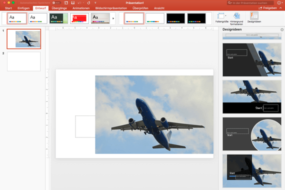 Wenn Sie eine Designidee auswählen, wird sie auf der Folie sofort in voller Größe angezeigt.