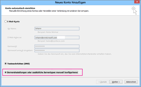 Wählen Sie Servereinstellungen oder zusätzliche Diensttypen manuell konfigurieren aus.