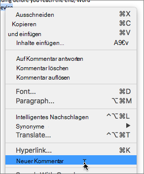 Wählen Sie im Kontextmenü "Neuer Kommentar" aus.