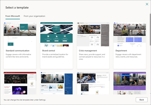 Vorlagenauswahl für eine SharePoint-Kommunikationswebsite
