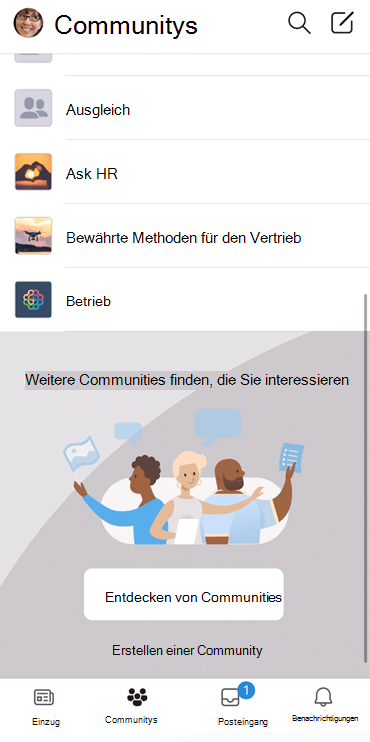 Screenshot: Ermitteln von Yammer Communitys in einer mobilen App