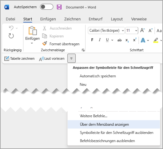 Dropdownmenü "Schnellzugriff" über dem Menüband anzeigen