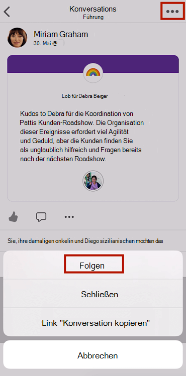 Screenshot: Folgen einer Unterhaltung in einer neuen Yammer in einer mobilen App