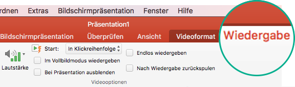 Wenn ein Video auf einer Folie ausgewählt ist, wird im Menüband die Registerkarte "Wiedergabe" angezeigt, auf der Sie Optionen für die Videowiedergabe festlegen können.