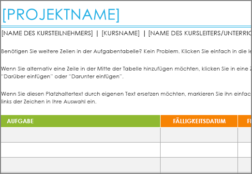 Alte Vorlage für eine Projektaufgabenliste mit einem Mindestschriftgrad von 8,5 Punkt.