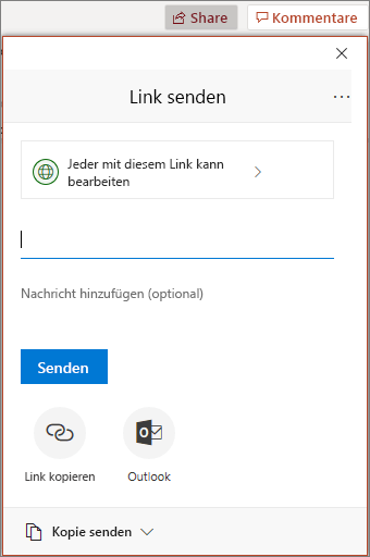 Symbol und Dialogfeld "Freigeben" in PowerPoint