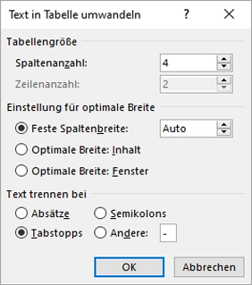 Das Dialogfeld "Text in Tabelle umwandeln" wird angezeigt.