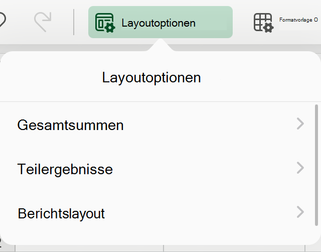 Dropdownliste des PivotTable-Layouts auf dem iPad.