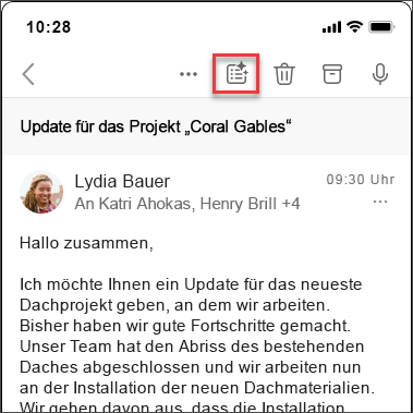 Copilot-Zusammenfassungssymbol zum Zusammenfassen des E-Mail-Threads in iOS und Android.