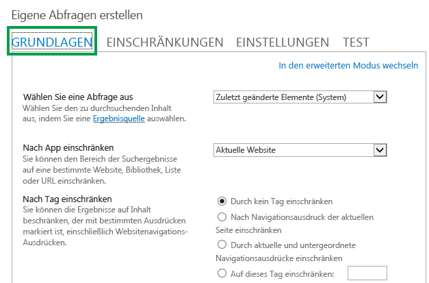 Die Registerkarte 'GRUNDLAGEN' beim Konfigurieren der Abfrage in einem Inhaltssuche-Webpart