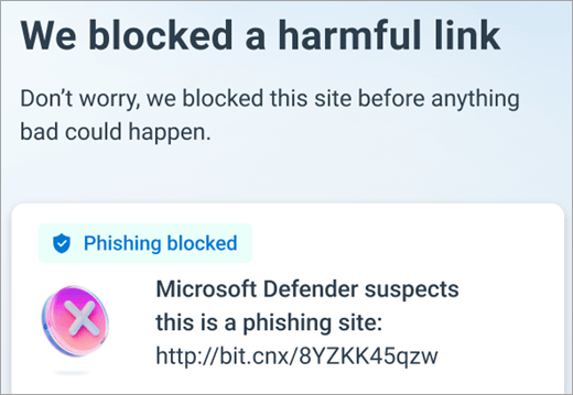 Microsoft Defender hat einen schädlichen Link auf einem Android-Gerät blockiert.