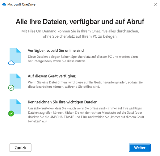 Der Bildschirm "Dateien auf Anforderung" im Assistenten "Willkommen bei OneDrive"