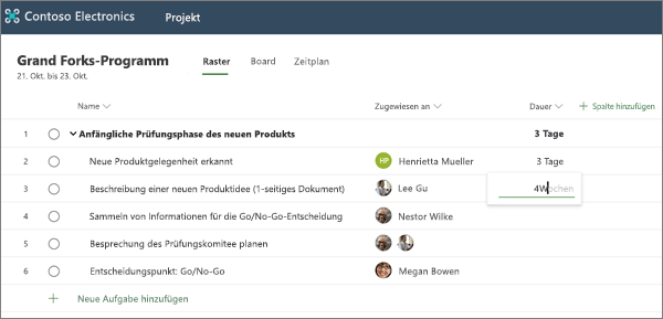 Die Spalte "Dauer" in Project, die eine eingegebene Dauer anzeigt