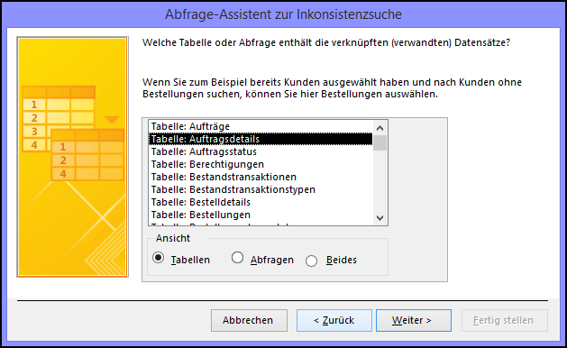 Dialogfeld "Abfrage-Assistent zur Inkonsistenzsuche": Auswählen einer Tabelle oder Abfrage, die die verwandten Datensätze enthält