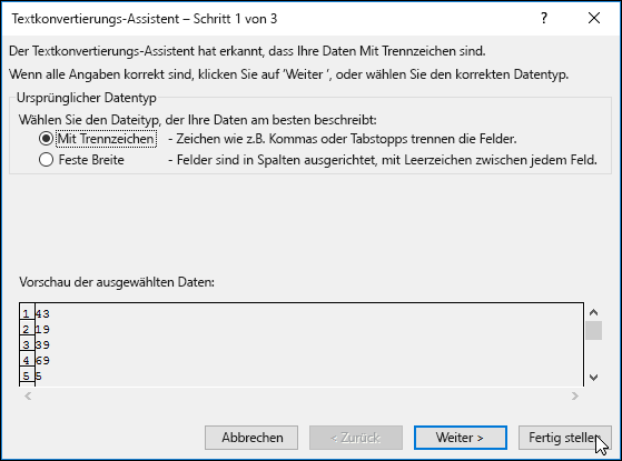 Abbildung von "Daten" > "Text in Spalten"