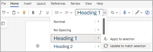 Zeigt eine in der Formatvorlagenliste ausgewählte Überschrift und auf der rechten Seite eine erweiterte Liste mit hervorgehobener Option "Zur Übereinstimmungsauswahl aktualisieren" an.