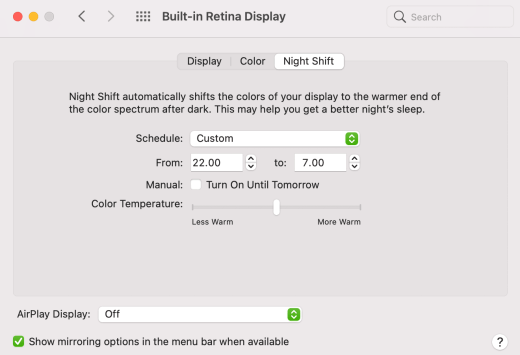 Die in macOS ausgewählte Option "Nachtschicht".