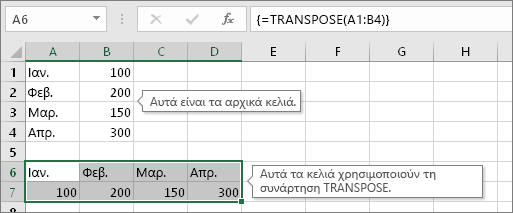 Τα αρχικά κελιά επάνω, τα κελιά με τη συνάρτηση TRANSPOSE κάτω