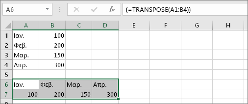 Το αποτέλεσμα του τύπου με τα κελιά A1: B4, αντιμετατέθηκε στα κελιά A6:D7