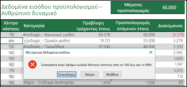 Παράδειγμα μηνύματος μη έγκυρης εισαγωγής