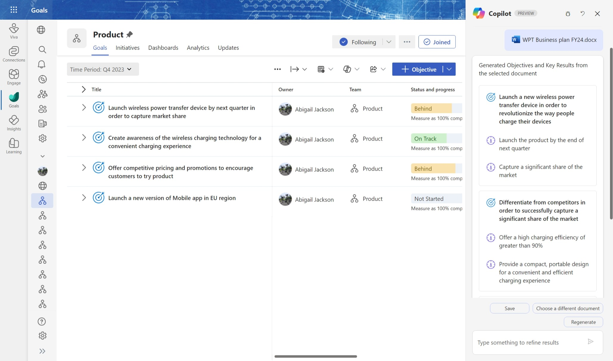 Στιγμιότυπο οθόνης που εμφανίζει μια προβολή των OKR μιας ομάδας προϊόντων με το Copilot να προτείνει OKR με βάση το έγγραφο στρατηγικής που παρέχεται στη δεξιά πλευρά.