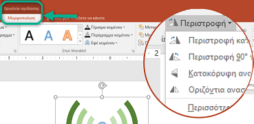 Οι εντολές περιστροφής είναι διαθέσιμες στην επιλογή "Εργαλεία σχεδίασης" της καρτέλας "Μορφοποίησης" στην κορδέλα της γραμμής εργαλείων.  Επιλέξτε το αντικείμενο που θέλετε να περιστρέψετε και, στη συνέχεια, κάντε κλικ στην κορδέλα.