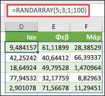 Η συνάρτηση RANDARRAY με τα ορίσματα Ελάχιστο, Μέγιστο & Δεκαδικός