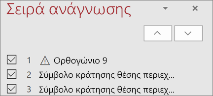 Λίστα στοιχείων σε σειρά ανάγνωσης σε μια διαφάνεια με κουμπιά επάνω και κάτω βέλους για να αναδιάταξη