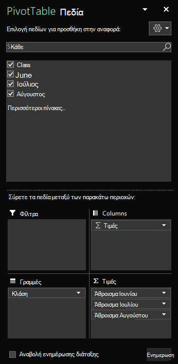 Το παράθυρο "Πεδία Συγκεντρωτικού Πίνακα" ανοιχτό στο Excel για Windows που εμφανίζει επιλεγμένα πεδία πίνακα.