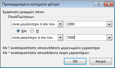 Παράθυρο διαλόγου "Προσαρμοσμένο Αυτόματο Φίλτρο"