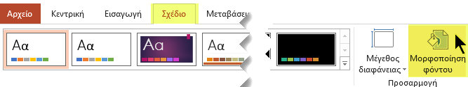 Το κουμπί "Μορφοποίηση φόντου" βρίσκεται στην καρτέλα "Σχεδίαση" της κορδέλας του PowerPoint
