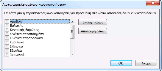 Παράθυρο διαλόγου "Λίστα αποκλεισμένων κωδικοποιήσεων"