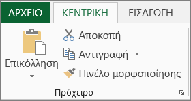 Κουμπιά "Αντιγραφή" και "Επικόλληση" στην "Κεντρική" καρτέλα