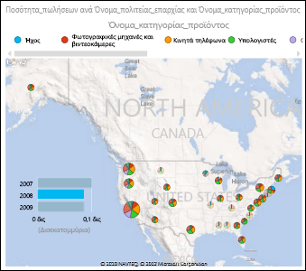 Χάρτης Power View των Η.Π.Α. με γραφήματα πίτας