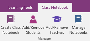 Κλάσης καρτέλα στην κορδέλα του OneNote με Δημιουργία σημειωματαρίου τάξης, Προσθαφαίρεση μαθητές, τους καθηγητές Προσθαφαίρεση και διαχείριση σημειωματάρια εικονίδια του σημειωματαρίου.