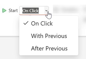 Η επιλογή Έναρξη έχει τρεις επιλογές: Με κλικ, Με το προηγούμενο ή Μετά το προηγούμενο.