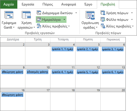 Σύνθετο στιγμιότυπο οθόνης με τις ομάδες "Προβολές εργασιών" και "Προβολές πόρων" της καρτέλας "Προβολή" και ένα σχέδιο έργου σε προβολή Ημερολογίου.