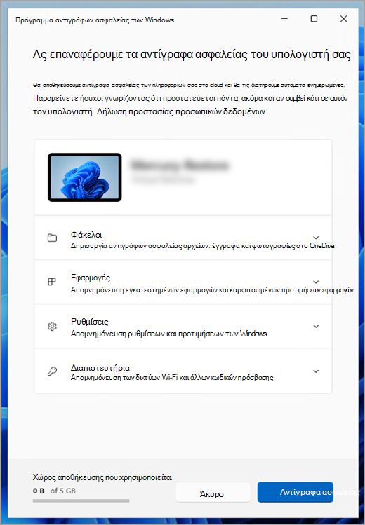 Πρόγραμμα αντιγράφων ασφαλείας των Windows στο Windows 11.