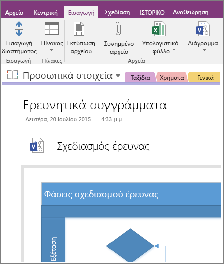 Στιγμιότυπο οθόνης του τρόπου προσθήκης ενός υπάρχοντος διαγράμματος του Visio στο OneNote 2016.