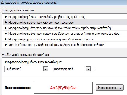 Κανόνας μορφοποίησης υπό όρους που εμφανίζει αριθμούς μικρότερους από το 0 σε κόκκινο κείμενο